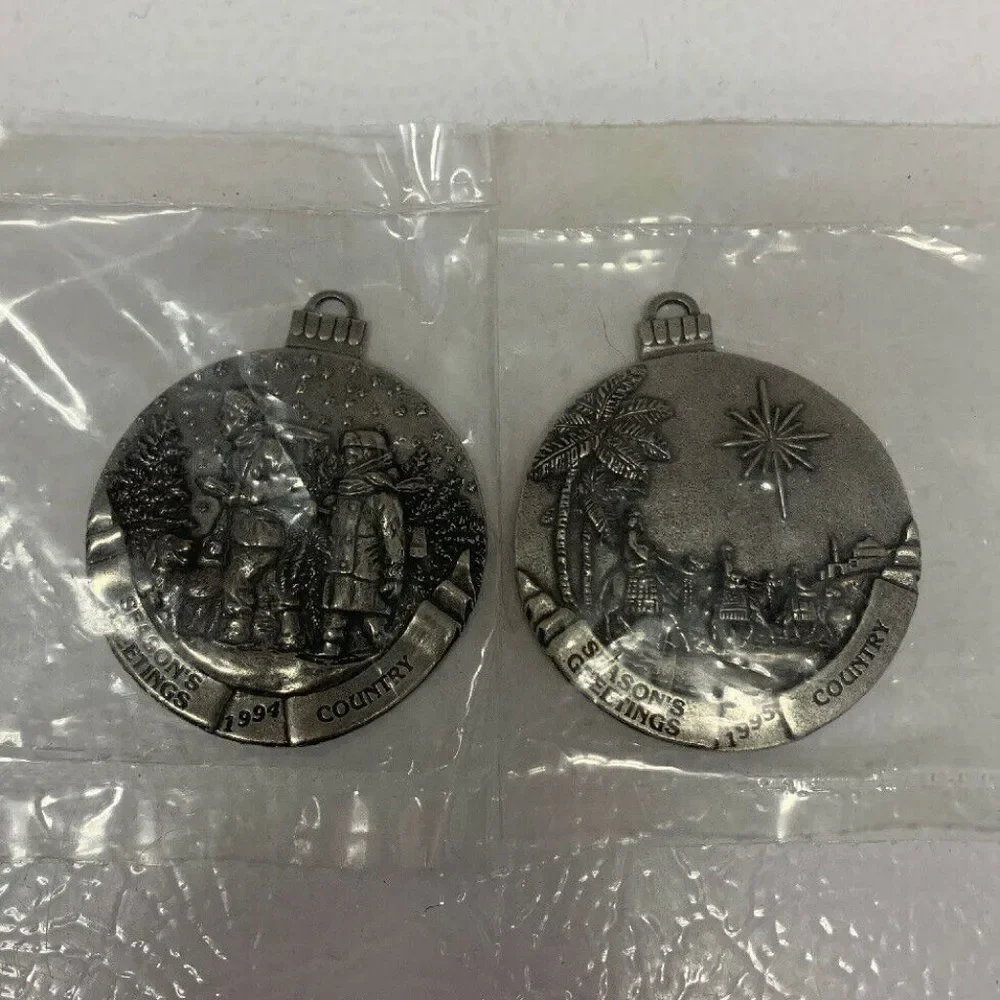 Seasons Greetings Pewter Christmas Ornaments